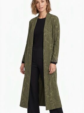 LIZ CLAIBORNE Olive Green Black Paisley Duster Kimono Robe Long Cardigan Small